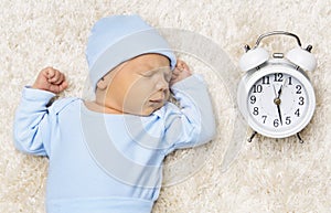 Sleeping Newborn Baby and Clock, New Born Sleep in Bed