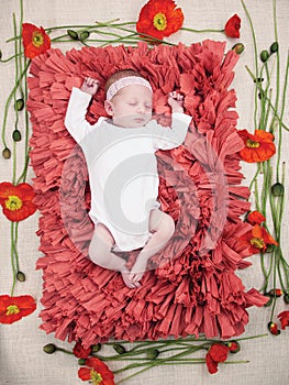 Sleeping Newborn Baby Girl flowers