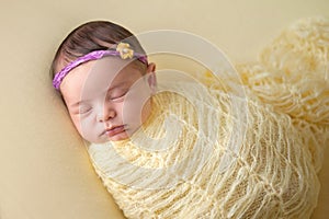 Sleeping Newborn Baby Girl Swaddled in Yellow