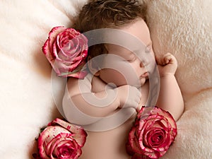 Sleeping newborn baby. Healthy child, concept of hospital and happy motherhood. Infant baby. Healthy