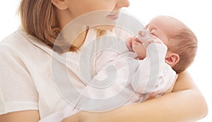 Sleeping Newborn Baby in Mother Hands. Mum Holding One Month Old Child over White. Woman hugging resting Infant Kid. Childcare