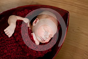 Sleeping newborn baby in red cocoon