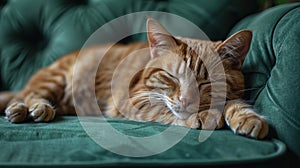Sleeping orange tabby cat on a green cushion