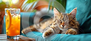 Sleeping orange tabby cat next to orange juice on a couch. Relaxed feline with a drink. Concept of pet leisure