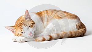 A sleeping orange and white tabby cat rests on a plain white background