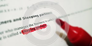 sleeping partner text written on red colour text highlighted pattern on white sheet