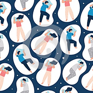 Sleeping person in different poses vector pattern