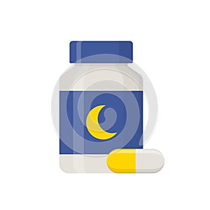 Sleeping pills islated on white background. Medical product, Pharmaceuticals bottle icon in flat style.