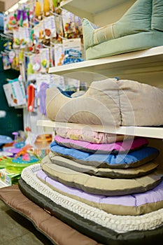 Sleeping place for pet assortment on vet shop store shelves