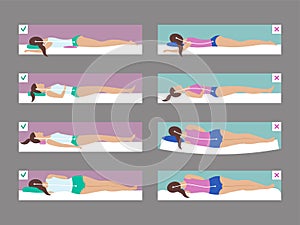 Sleeping poses. Bad and correct anatomy for laying on couch body position on mattress medical infographics recent vector