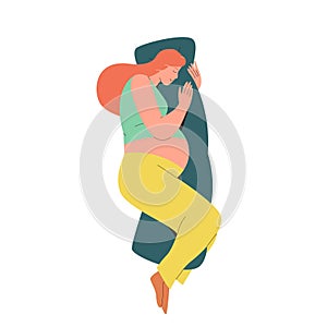 Sleeping pregnant woman character with special pillow relaxing in best posture for health and body