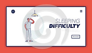 Sleeping problem landing page with tired sleepy man suffering from insomnia