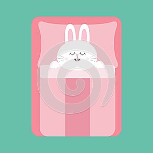 Sleeping rabbit bunny. Baby pet animal collection for kids. Cute cartoon character. Bed, pink blanket and pillow. Green background