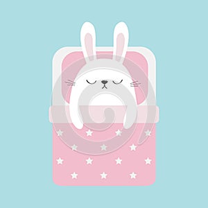 Sleeping rabbit bunny. Baby pet animal collection for kids. Cute cartoon character. Funny head face. Bed, pink blanket dot and pil