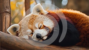 Sleeping Red Panda (Ailurus fulgens). Funny cute animal image of a red panda. Generative AI