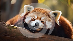 Sleeping Red Panda (Ailurus fulgens). Funny cute animal image of a red panda. Generative AI