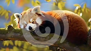 Sleeping Red Panda (Ailurus fulgens). Funny cute animal image of a red panda. Generative AI