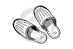 Sleeping slipper hand-drawn sketch. Home comfortable shoes pair black and white doodle. Two slippers vector isolated