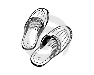 Sleeping slippers couple hand drawn sketch. Home shoes pair black and white doodle. Vector isolated illustration