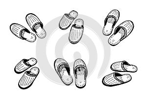 Sleeping slippers couple set hand drawn sketch. Home shoes pair black and white doodle collection. Vector illustration