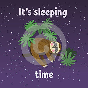 Sleeping sloth on tree branch . Cute cartoon character. Wild jungle animal collection. Baby education. Isolated. Flat