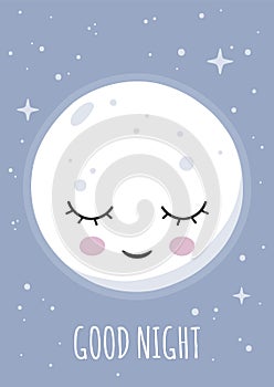 Sleeping smiling moon wishing good night.