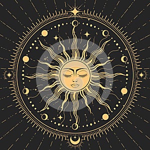 Sleeping sun with closed eyes, astrology symbol, sun with face in ornate frame , tarot magic photo