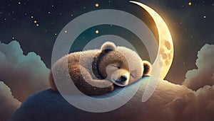 sleeping teddy bear by the moon with stars