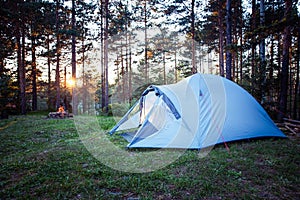 Sleeping tent woods sunset camping.