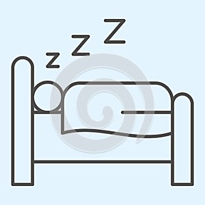 Sleeping time thin line icon. Person sleep on bed. Horeca vector design concept, outline style pictogram on white