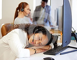 Sleeping, tired and woman in call center with stress, exhausted or burnout for customer service mistake. Fatigue