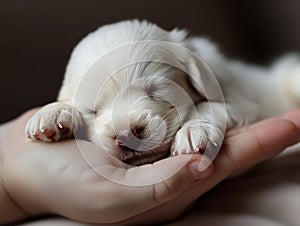 Sleeping white puppy on a human palm, symbolizing innocence and comfort