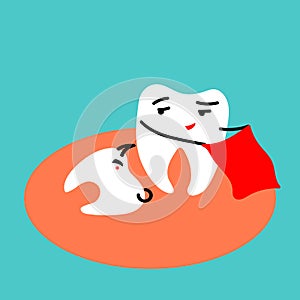 Sleeping wisdom tooth as a bull with a torreodor. Dental problem concept humor vector illustration