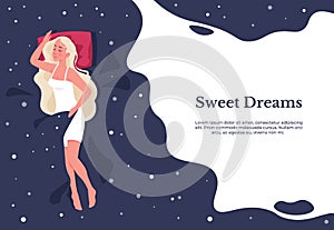 Sleeping woman. Cartoon female resting in bed. Girl wears cozy nightdress and dream. Insomnia prevention. Poster with