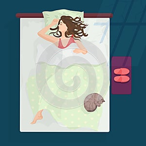 Sleeping woman female in bad at night near window. Vector illustration.