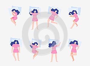 Sleeping woman position set . Girl relaxing body comfortable posture back.