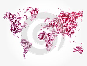 Sleeping word cloud in shape of world map, concept background