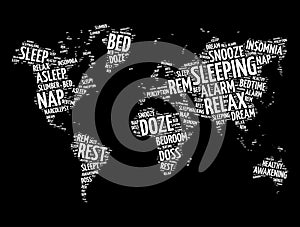 Sleeping word cloud in shape of world map, concept background