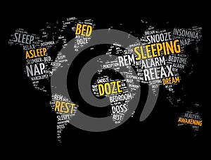 Sleeping word cloud in shape of world map, concept background
