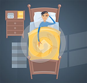 Sleeping young man in bed vector illustration.