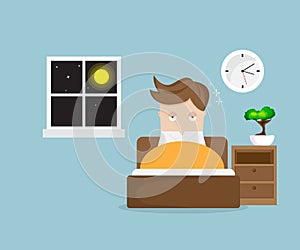 Sleepless man cartoon character on bed in night