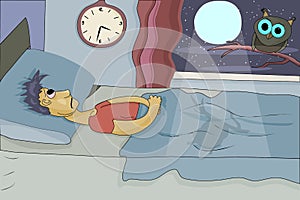 Sleepless man lying in bed. Insomnia. Cartoon old man having trouble sleeping vector illustration