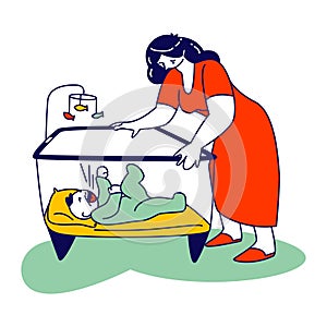 Sleepless Night, Mother Care, Love. Young Tired Woman Stand at Baby Cradle and Looking on Crying Newborn Child