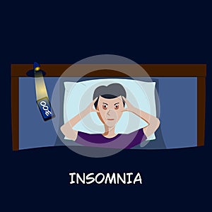 Sleepless person suffering from insomnia. The guy with the eyes lies on the bed