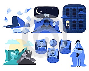 Sleeplessness with Man and Woman Suffer from Insomnia and Sleep Disorder Vector Set