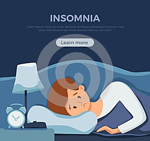 Sleepy awake man in bed suffers from insomnia. Vector illustration of tired exhausted sad guy insomniac