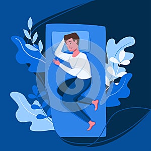 Sleepy awake man in bed suffers from insomnia. Vector illustration of tired exhausted sad guy insomniac photo