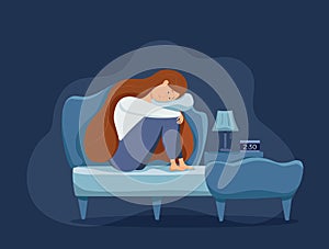 Sleepy awake woman in bed suffers from insomnia. Vector illustration