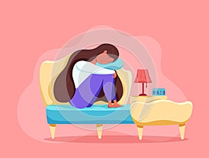 Sleepy awake woman in bed suffers from insomnia. Vector illustration