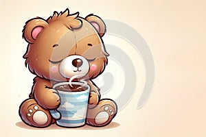 Sleepy bear with a cup of coffee. Space for text.